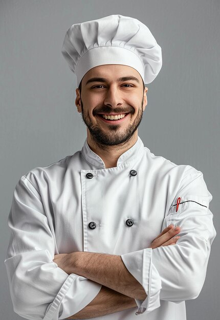 Фотопортрет красивого молодого повара с скрещенными руками и в шляпе повара