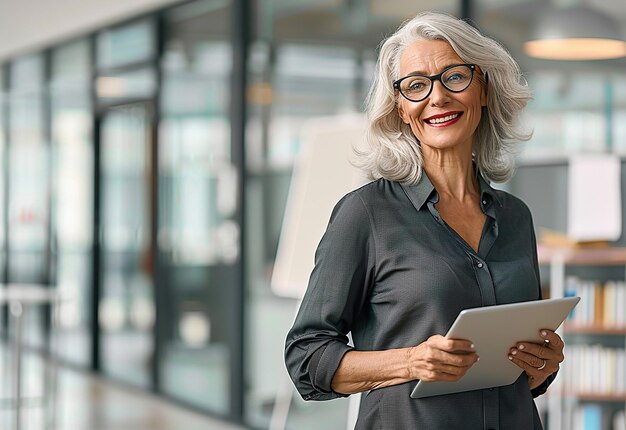 Photo portrait of happy busy mature senior elderly business woman working in office using laptop