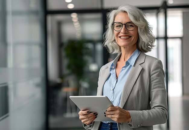 Photo portrait of happy busy mature senior elderly business woman working in office using laptop