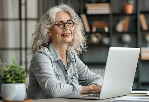 Photo photo portrait of happy busy mature senior elderly business woman working in office using laptop