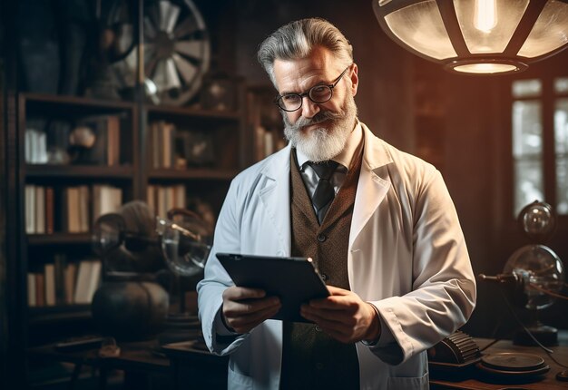 Photo portrait of happy doctor using a tablet computer