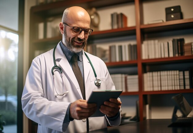 Photo photo portrait of happy doctor using a tablet computer