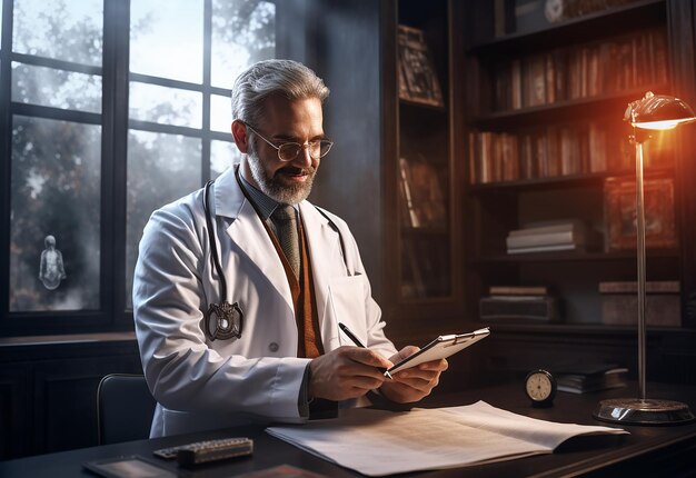 Photo portrait of happy doctor using a tablet computer