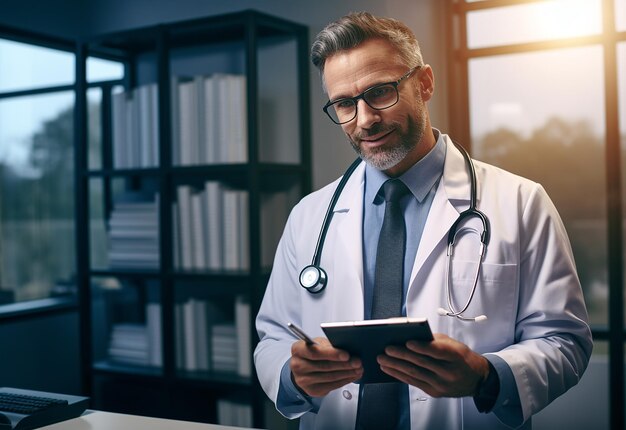 Photo portrait of happy doctor using a tablet computer