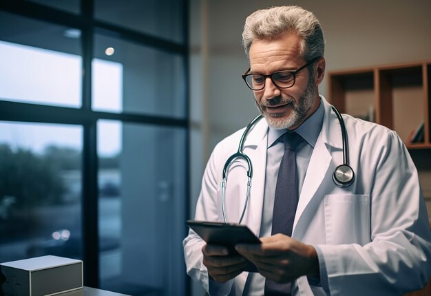 Photo photo portrait of happy doctor using a tablet computer