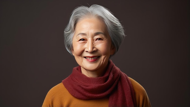 A photo portrait of a happy elderly Asian woman in studio light