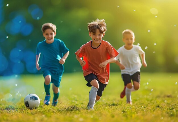 Foto ritratto fotografico di un gruppo felice di bambini che si divertono a giocare nel parco giochi dell'estate