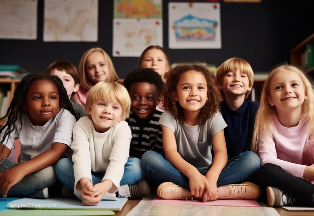 Foto ritratto fotografico di bambini felici in una classe dell'asilo con l'uniforme