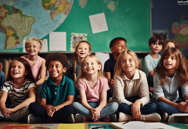 Foto ritratto fotografico di bambini felici in una classe dell'asilo con l'uniforme