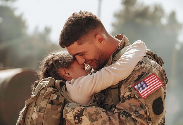 Foto ritratto fotografico di un padre militare felice e amorevole che abbraccia sua figlia