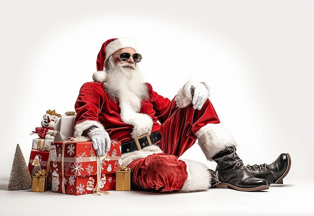 Photo portrait of happy santa claus man with christmas gift boxes