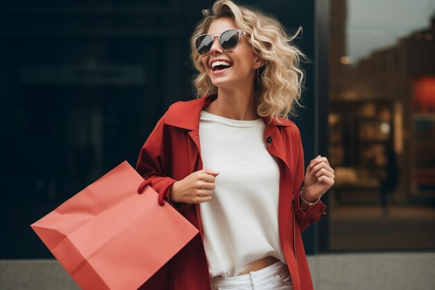 Foto ritratto fotografico di una donna felice e sorridente che tiene una borsa della spesa