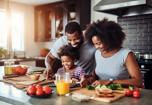 Photo portrait of happy young family cooking food together in the modern kitchen