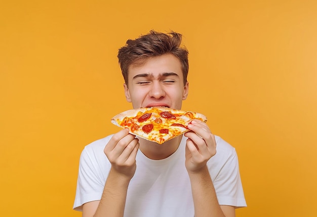 Photo portrait of happy young people woman friends eating delicious pizza