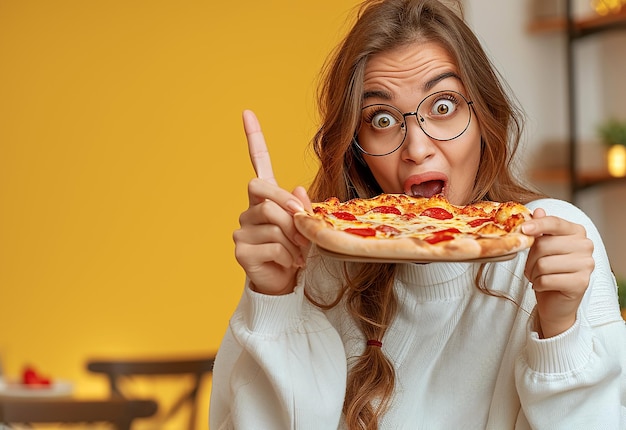 おいしいピザを食べる幸せな若者の女性友人の写真ポートレート