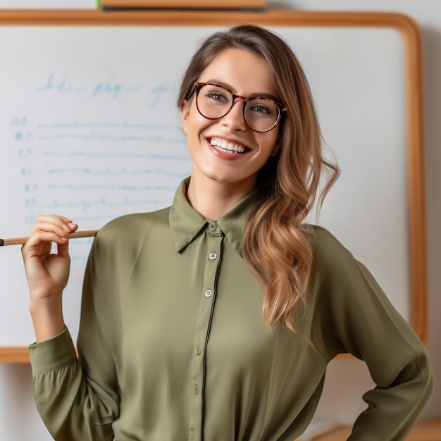 Foto ritratto fotografico di un insegnante di scuola sorridente in classe