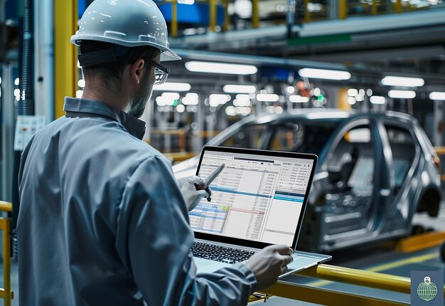 Photo photo portrait of industrial worker construction engineer working in factory building with laptop