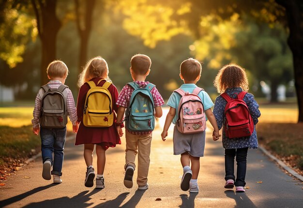 Photo portrait of kids children getting back to their school together as a group