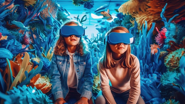 VR の世界に浸っている子供たちのポートレート写真 感嘆の笑顔の感情