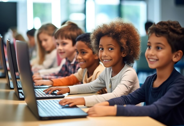 학교 컴퓨터 방 에서 컴퓨터 를 이용 하여 학습 을 하는 아이 들 의 사진 초상화