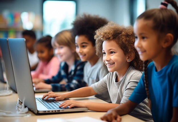 Foto ritratto fotografico di bambini che lavorano, studiano, imparano con il computer nella loro sala computer della scuola