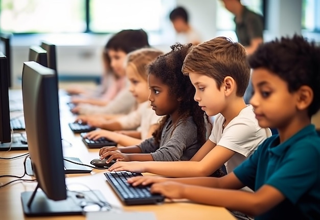 Foto ritratto fotografico di bambini che lavorano, studiano, imparano con il computer nella loro sala computer della scuola