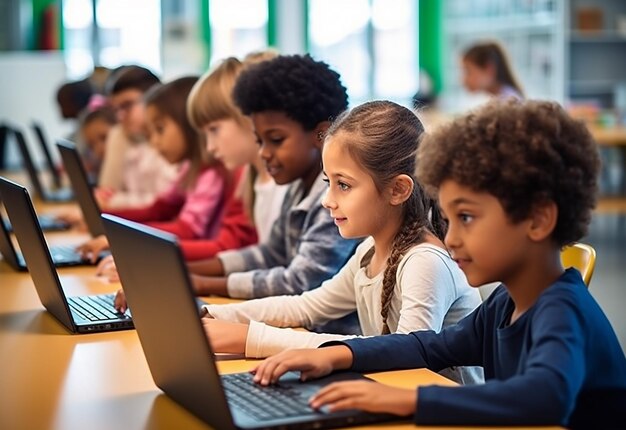 Foto ritratto fotografico di bambini che lavorano, studiano, imparano con il computer nella loro sala computer della scuola