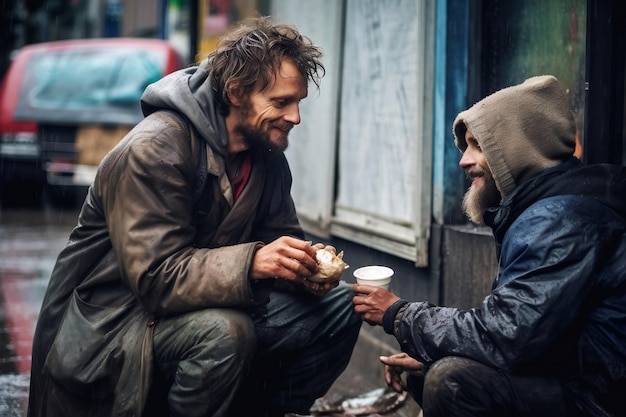 Photo photo portrait of a kind man offering food to a passerby generative ai