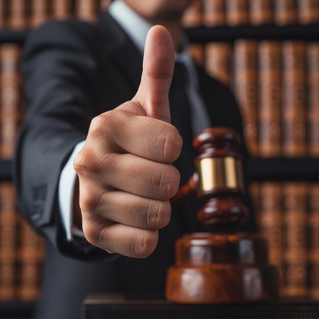 Photo photo portrait of lawyer showing thumbs up at law office background