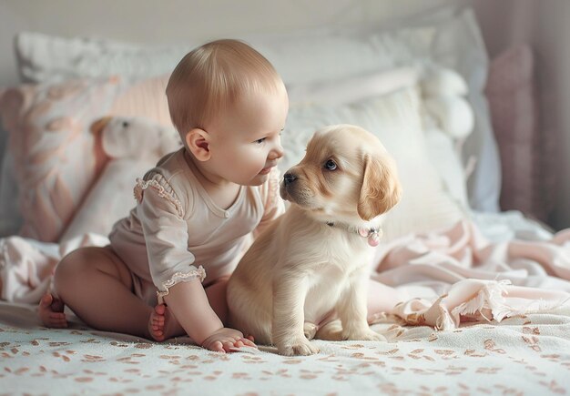 Photo photo portrait of a little kid boy baby child and a dog are playing with a wooden toys