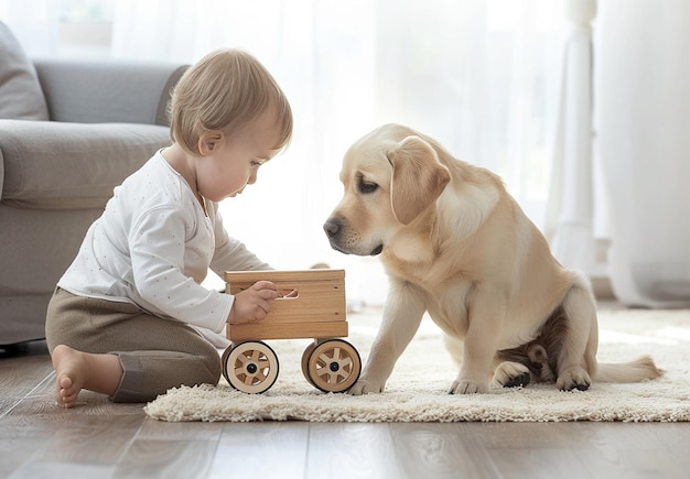 Photo photo portrait of a little kid boy baby child and a dog are playing with a wooden toys