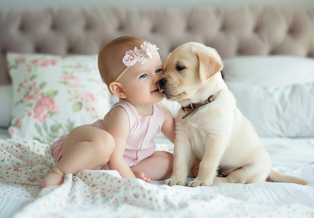 Photo photo portrait of a little kid boy baby child and a dog are playing with a wooden toys