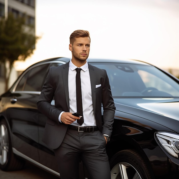 Портрет роскошной машины с красивым стильным бизнесменом