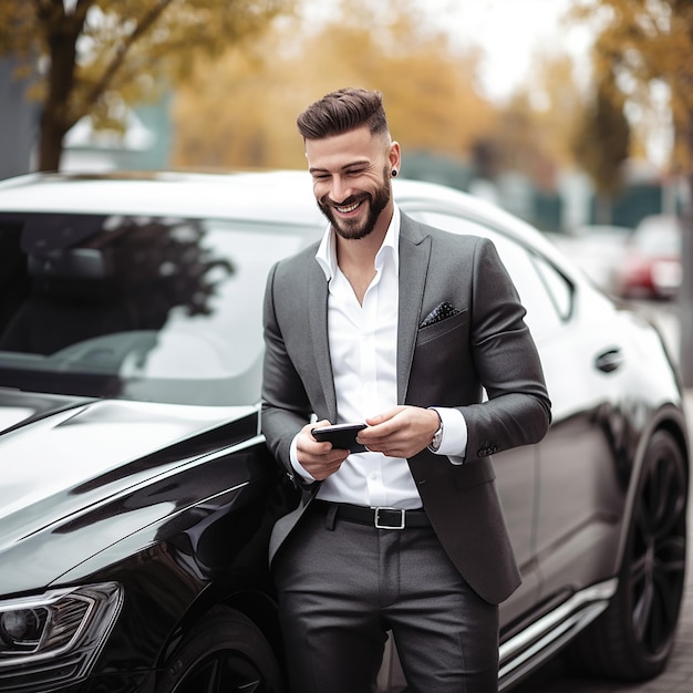 Foto ritratto di un'auto di lusso con un bell'uomo d'affari alla moda