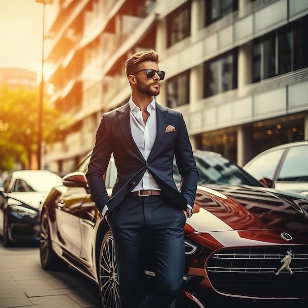 Photo Portrait of luxury car with handsome stylish businessman