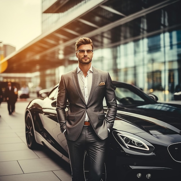 Photo photo portrait of luxury car with handsome stylish businessman