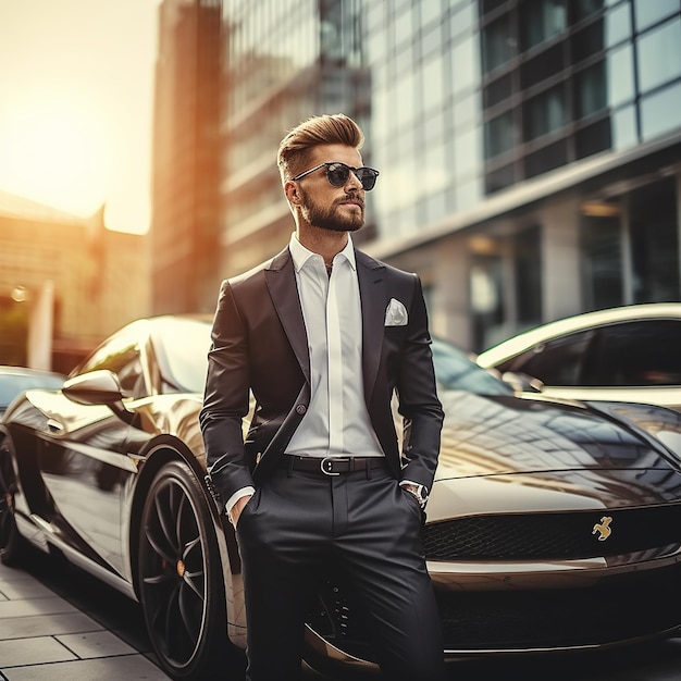 Photo Portrait of luxury car with handsome stylish businessman