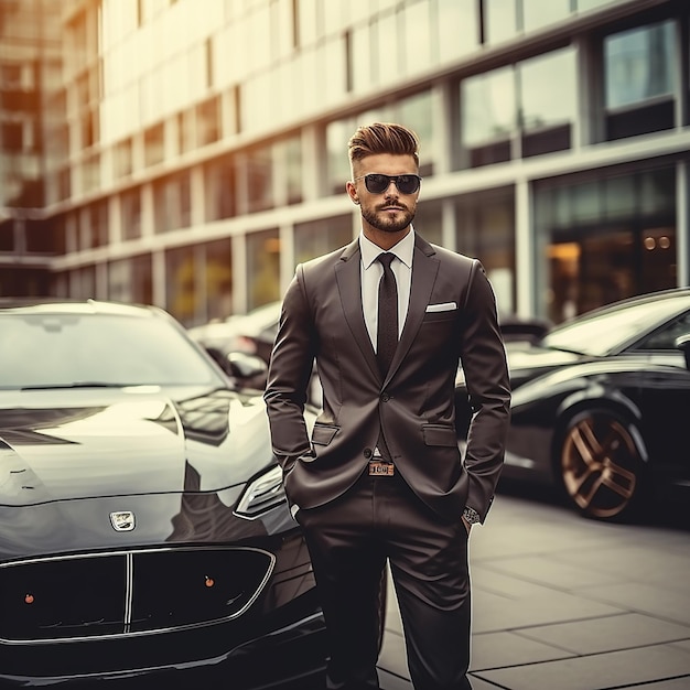 Photo Portrait of luxury car with handsome stylish businessman