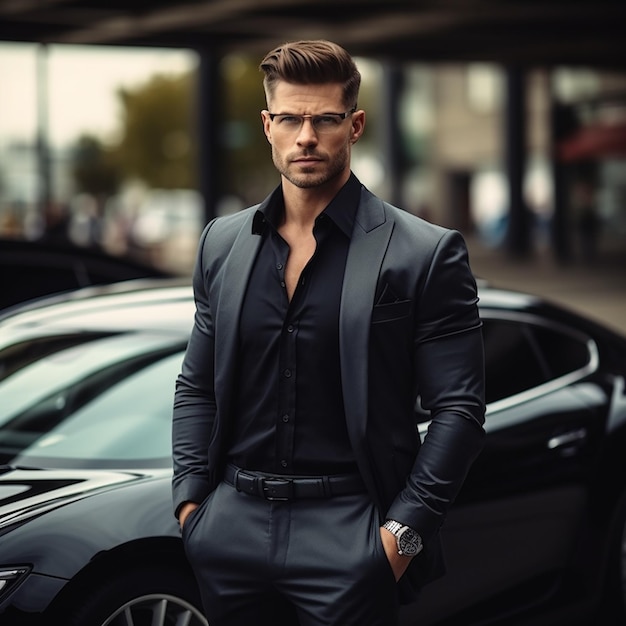 Photo Portrait of luxury car with handsome stylish businessman