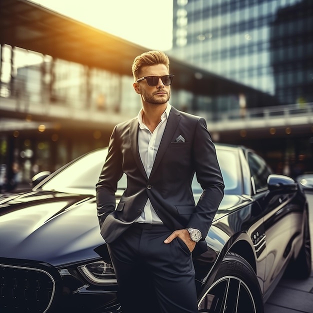 Photo Portrait of luxury car with handsome stylish businessman