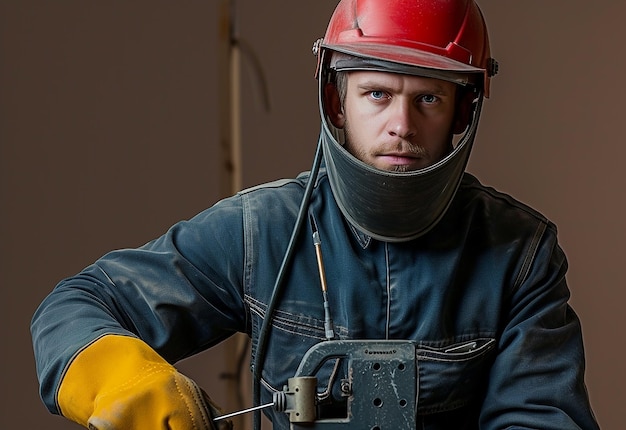 Photo portrait of male man working with a welding torch