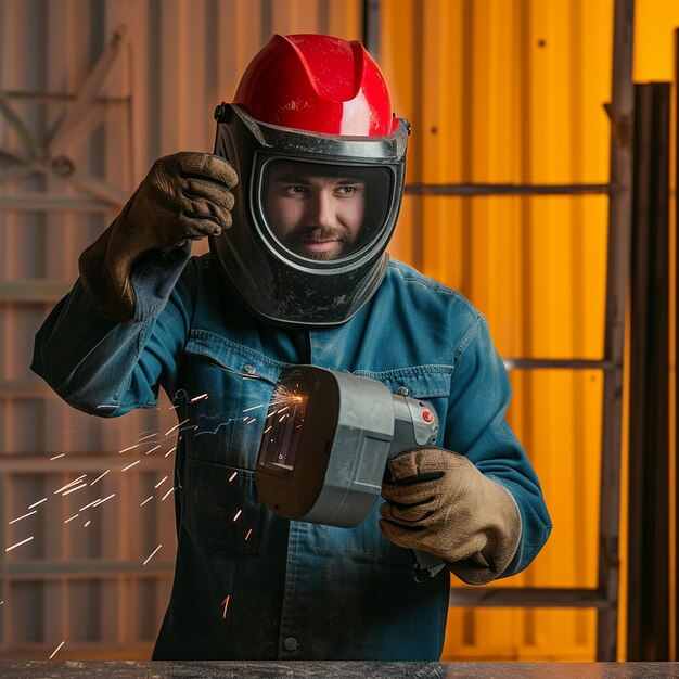 Photo portrait of male man working with a welding torch