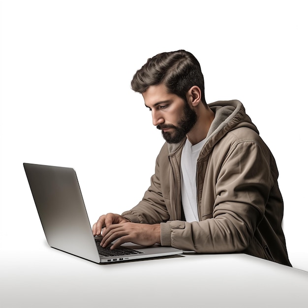 Фотопортрет человека с ноутбуком, сидящего на столе, изолированный на белом