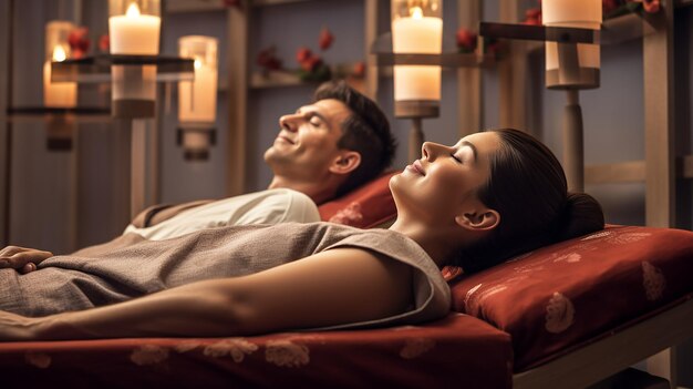 Foto ritratto fotografico di un uomo e una donna che ricevono un massaggio rilassante nella sala del salone termale