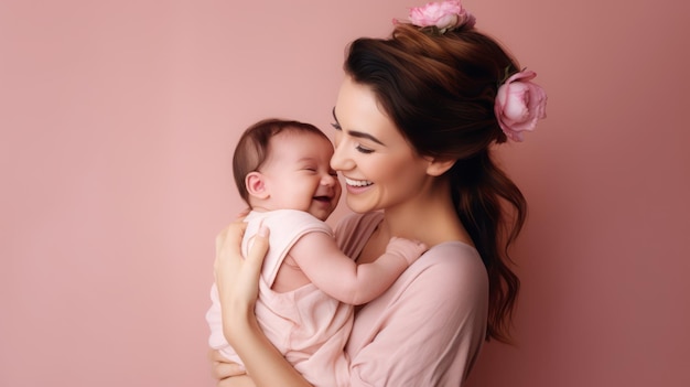 Photo portrait of mommy and baby on pink background isolate