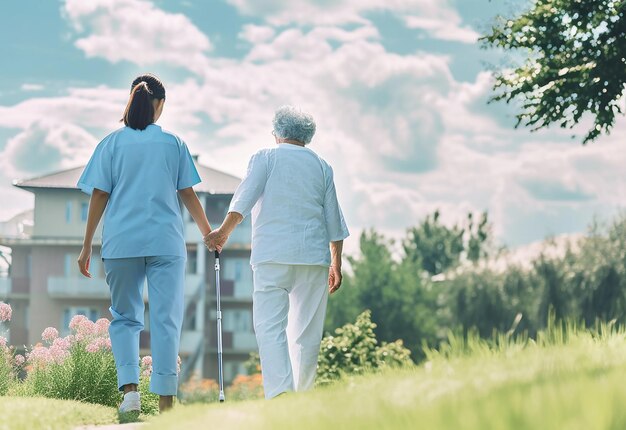 Photo portrait of nurse female caregiver with senior people