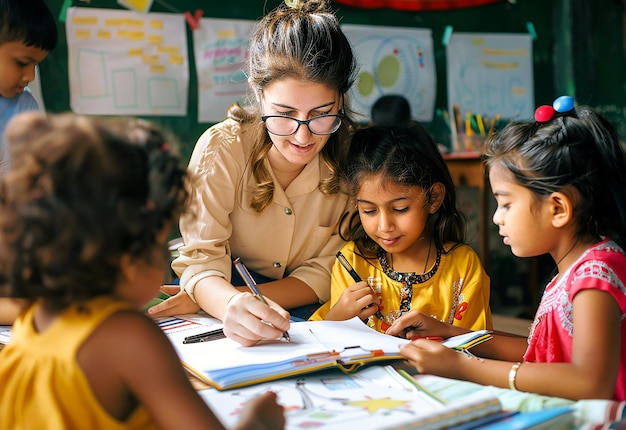 Photo photo portrait of nursery preschool children kids studying learning in a class with teacher