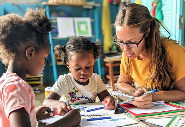 Photo photo portrait of nursery preschool children kids studying learning in a class with teacher