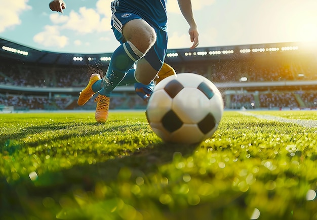 Фото Фотопортрет футболиста, пинающего футбольный мяч