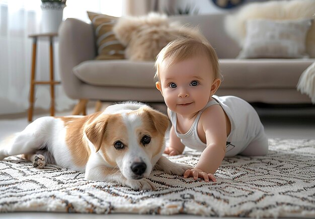 写真 木製のおもちゃで遊んでいる赤ちゃんと犬の写真